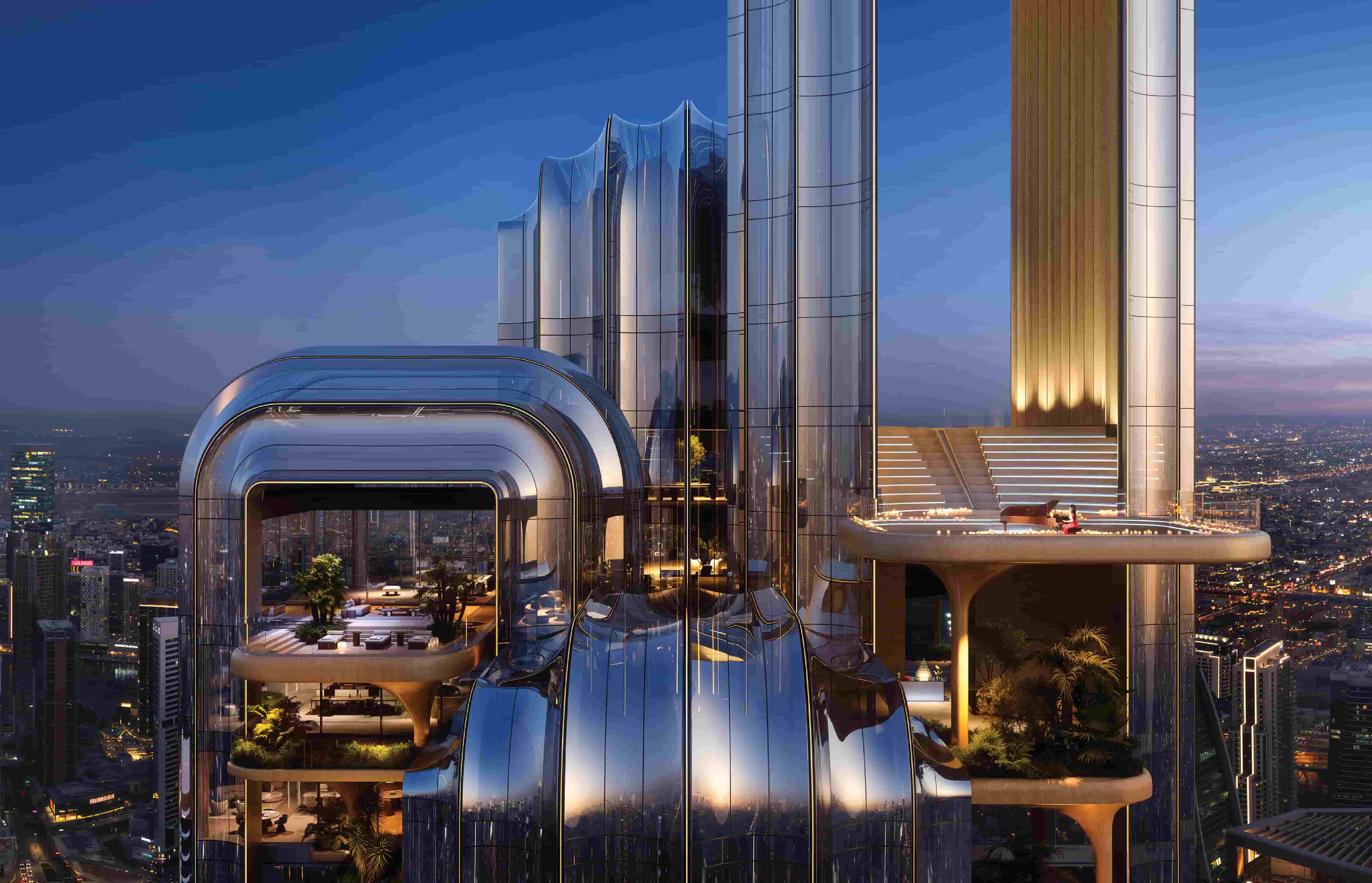 Futuristic luxury skyscraper design of Lumena by Omniyat in Business Bay, Dubai, with panoramic city views and elevated sky terraces (16:9 ratio).