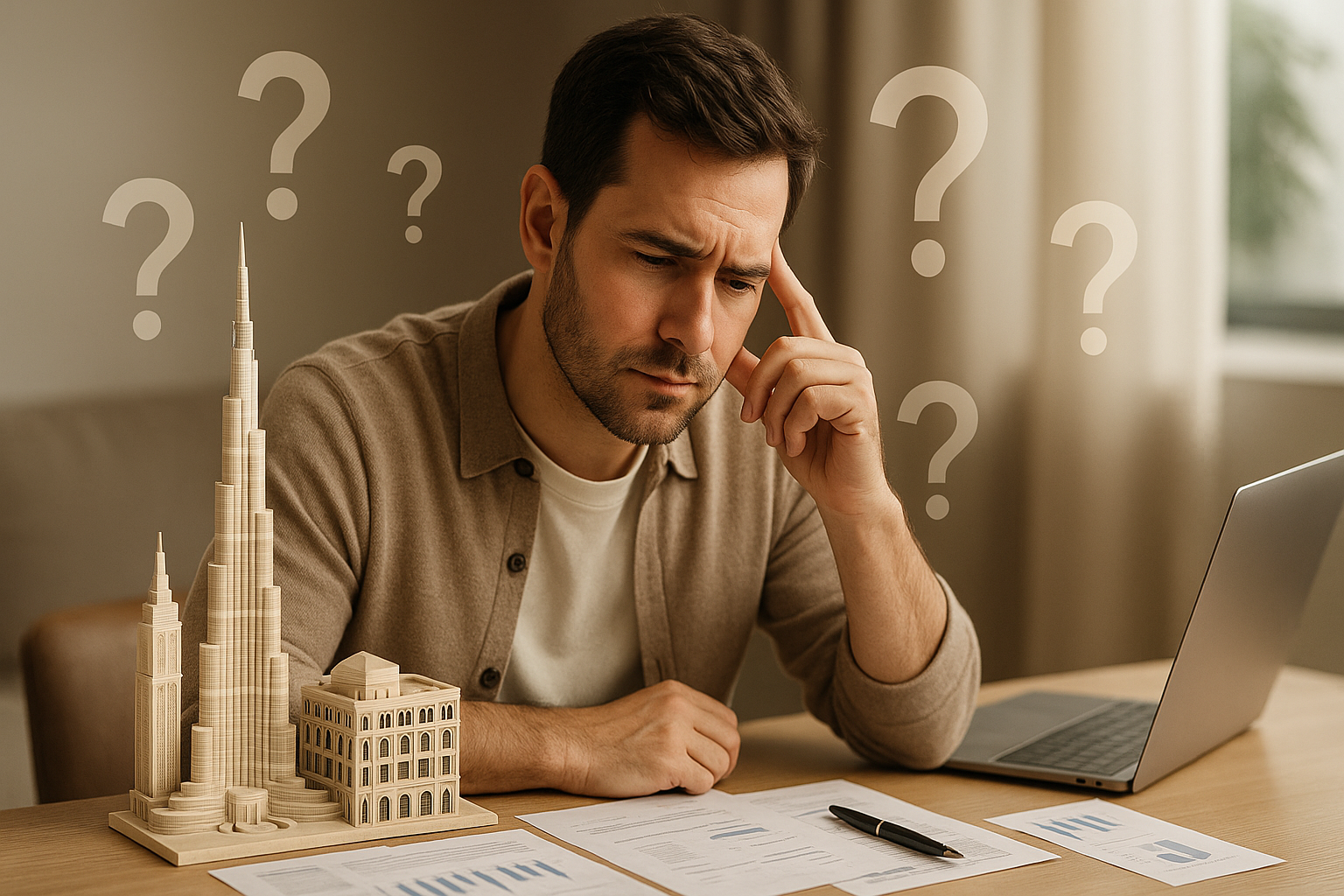 A thoughtful man analyzing property documents with Dubai building models on the table, surrounded by question marks, representing uncertainty about equity release.