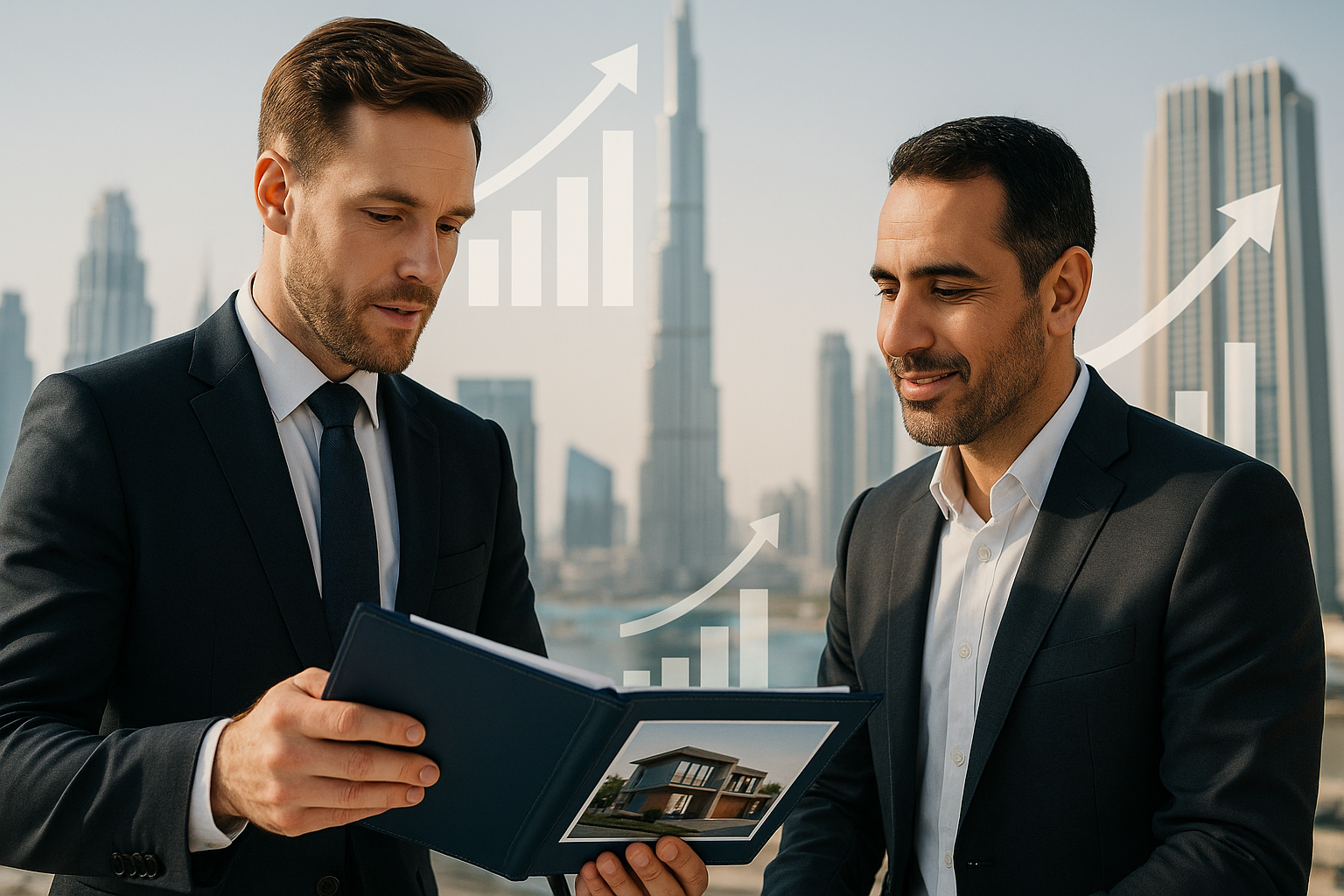Stylized Dubai skyline with Burj Khalifa, Burj Al Arab, and upward growth charts, symbolizing real estate market expansion and rising property values.