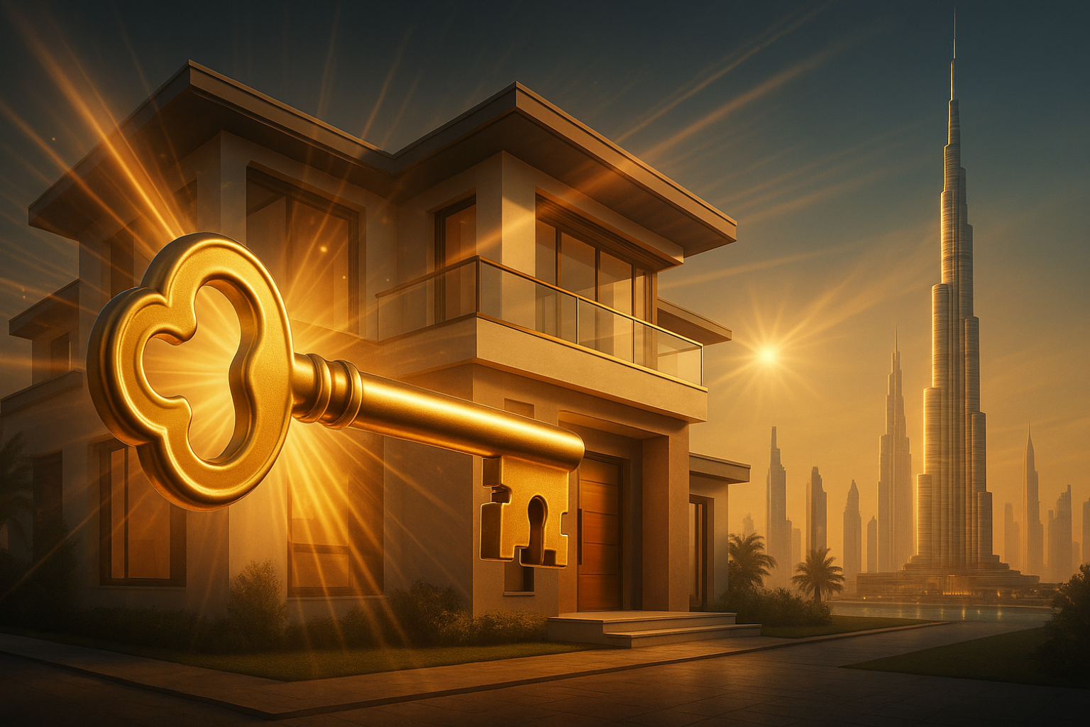 A glowing golden key symbolizing equity release in front of a luxury villa with Burj Khalifa in the background during sunset.