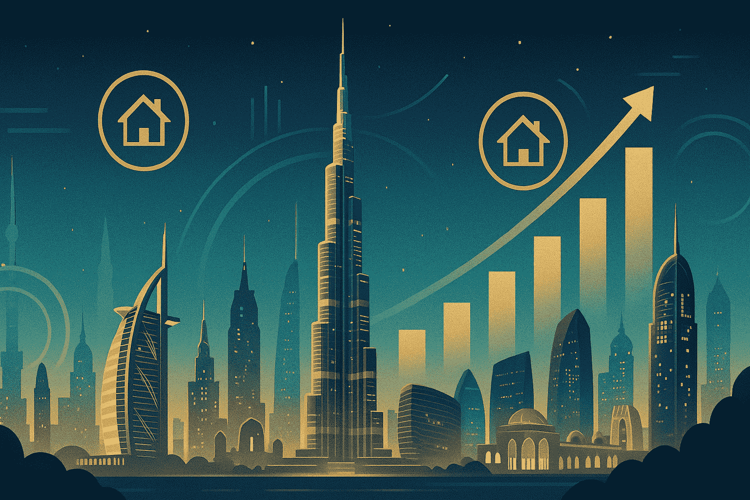 A glowing golden key symbolizing equity release in front of a luxury villa with Burj Khalifa in the background during sunset.