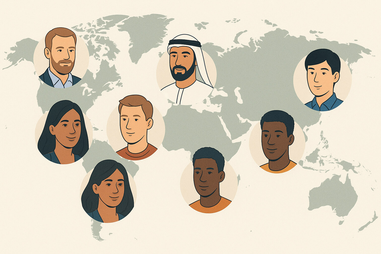 Illustration of global tourists from various regions over a world map, representing Dubai’s international visitor diversity and global appeal.