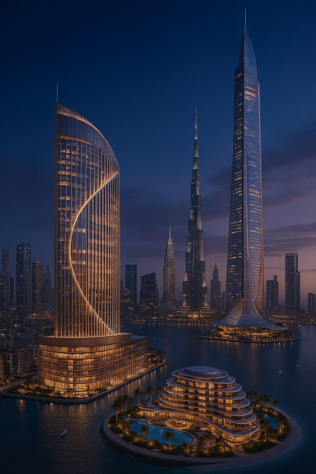 Futuristic Dubai skyline featuring Burj Khalifa, Ciel Tower, and luxury waterfront hotels at dusk, highlighting the city’s architectural innovation.