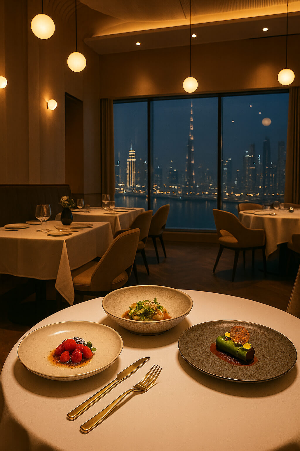 Elegant fine dining setup at a Dubai restaurant overlooking the Burj Khalifa skyline, showcasing gourmet dishes in a luxury ambiance.