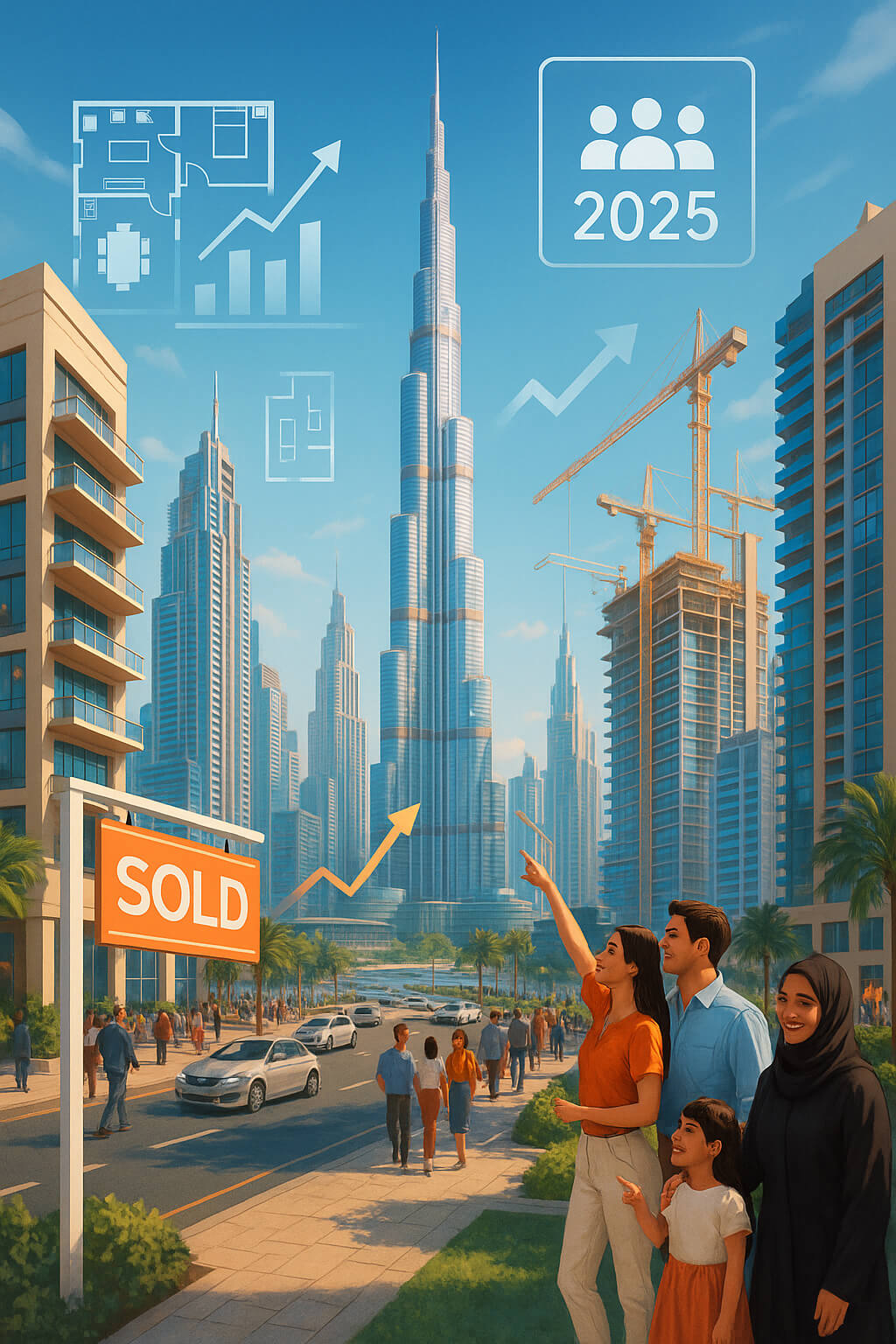 Happy family buying property in Downtown Dubai with Burj Khalifa in the background, representing 2025 real estate growth and success of Dubai’s best real estate companies